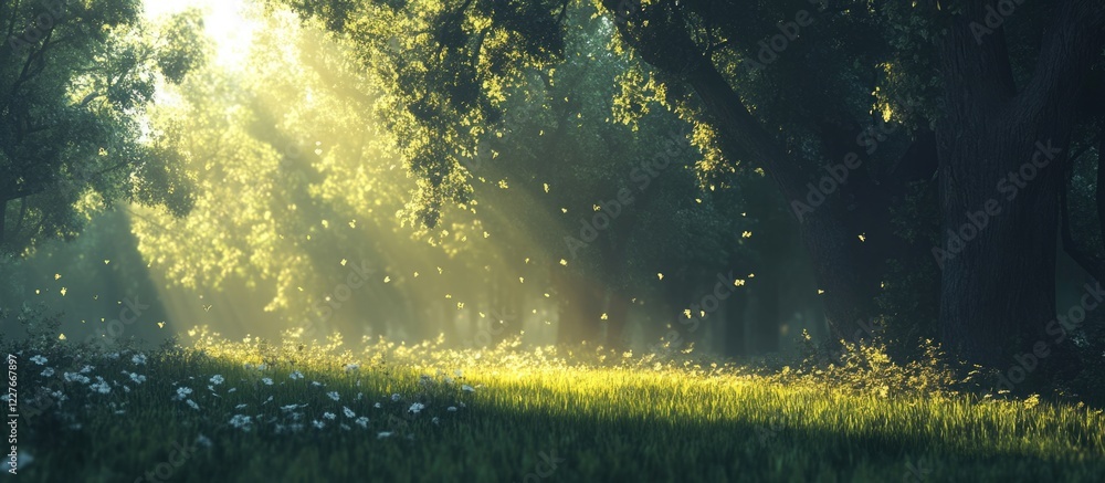 Poster morning sunlight filtering through a lush forest creating a serene atmosphere with space for text an