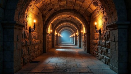 Fototapeta premium Corridors of weathered stone lined with torches and a sense of age, peaceful, atmospheric