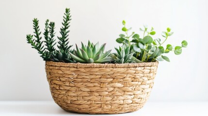 Fototapeta premium Minimalist Woven Basket Featuring Assorted Succulent Plants and Fresh Greenery for Home Decor