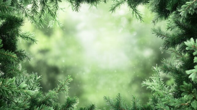 Blurry green conifer branches framing a serene evergreen forest background in a rustic natural setting for peaceful aesthetic imagery.