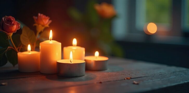 Burning candles create a sense of calm and serenity in a peaceful environment, warmth, calming, tranquility