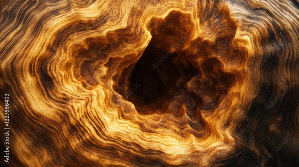 Poster brown and golden abstract wood grain texture with swirling patterns in a close-up view creating a na