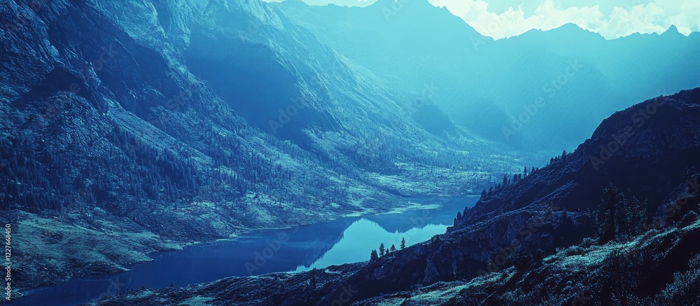 Poster mountainous landscape with a bright effect and shaded blue area ideal for adding text or graphics in