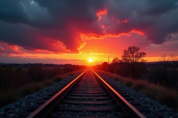Fototapeta premium Fiery orange sunset bleeds across low clouds, silhouetting railroad tracks , twilight, picture