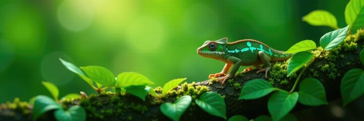 Naklejka premium A tiny chameleon blends into the dense foliage of a green bush, jungle, branches