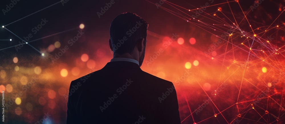Poster businessman observing virtual data connections and cloud applications with vibrant technology backdr
