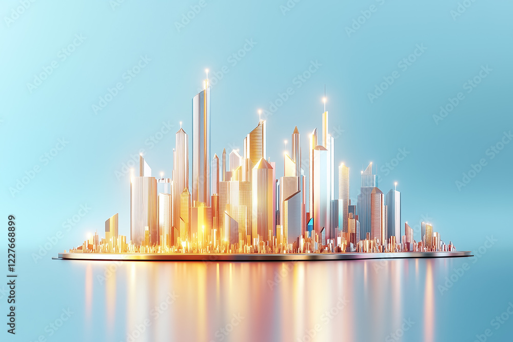 Poster a vibrant skyline showcases futuristic architecture made of simple geometric forms, illuminating the