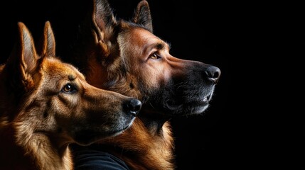 Fototapeta premium Man with German Shepherd dog and another breed posing together against a black background showcasing companionship and loyalty.