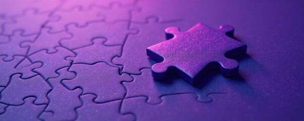 Fototapeta premium A single jigsaw puzzle piece, out of place on a dark purple surface, like a missing link, incomplete, isolated