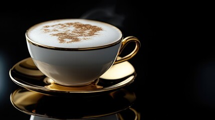 Obraz premium Elegant cappuccino in a gold handled cup set against a sleek black background with ample negative space for your custom text.