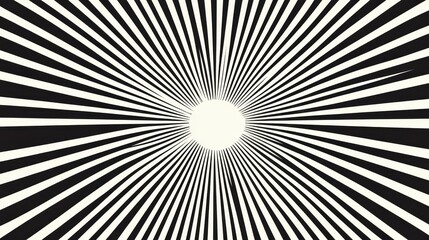 Fototapeta premium Abstract black and white radial burst pattern. High contrast monochrome image with radiating lines converging into a central white circle. Digital