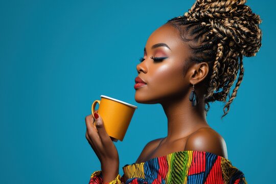 African American woman with braided hair wearing a vibrant dress holding a coffee cup photorealistic studio lighting - Powered by Adobe