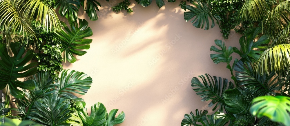 Aufkleber tropical monstera leaves frame on soft pink background creating chic summer flat lay composition wit
