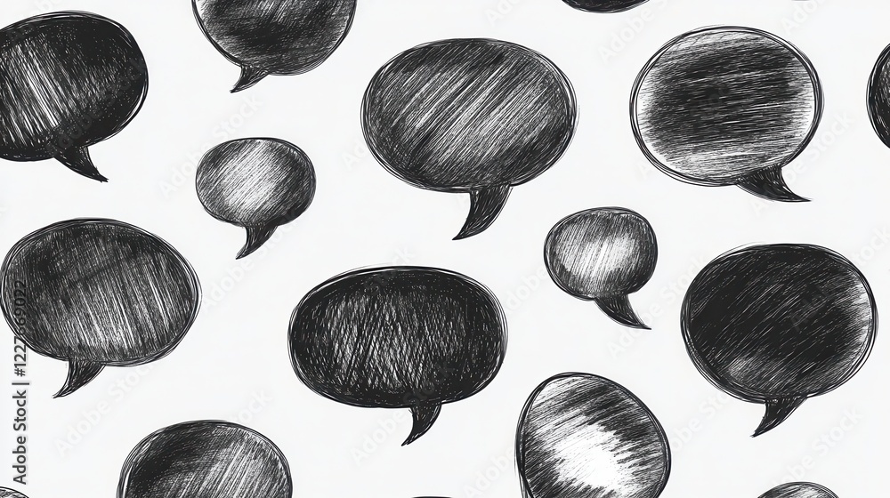Poster abstract background with many black and white speech bubbles. the bubbles have textured surfaces and