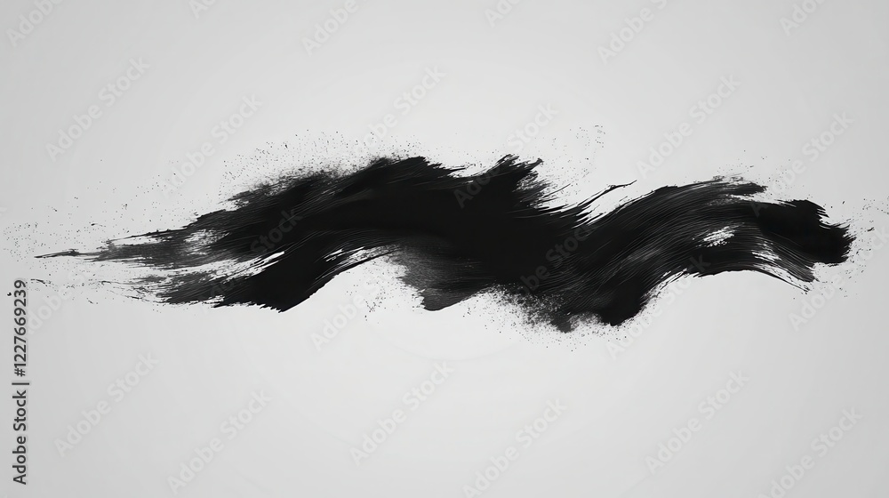 Poster abstract black ink splatter on a light gray background. the splatter is in a horizontal band shape w