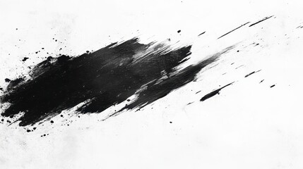 Obraz premium Abstract black ink brush stroke on white background. Dynamic, expressive texture with splatters and streaks. High contrast monochrome artwork ideal
