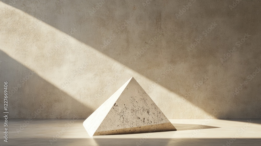 Poster minimalist stone pyramid on floor with natural light creating shadows in neutral toned space ideal f