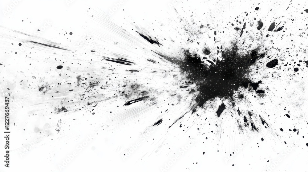 Poster abstract black ink splatter on white background. high contrast monochrome image with dynamic splatte