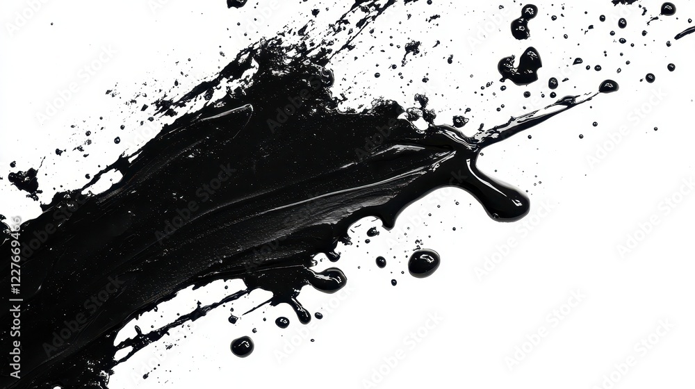 Poster abstract black ink splatter on white background. dynamic motion, textured paint strokes, and splatte