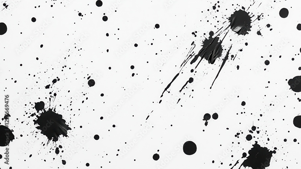 Poster abstract monochrome image featuring splattered black ink droplets and streaks on a white background.