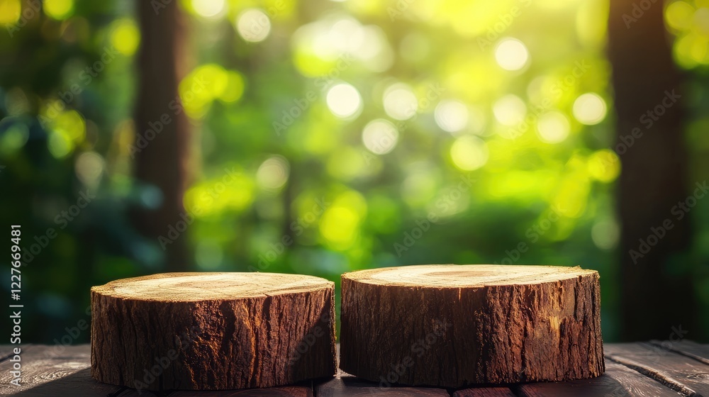 Aufkleber natural wooden tree stump podiums on a blurred bokeh forest background creating a serene and invitin