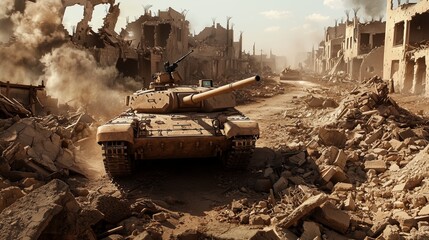 Fototapeta premium Tank in the Heart of a Bombed-Out Village Landscape