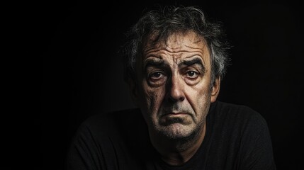 Obraz premium Portrait of an older man displaying a distressed expression against a dark background highlighting his emotional struggle and life experience.