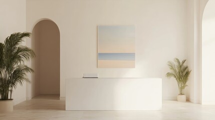 Contemporary minimalist reception area with white desk, serene artwork, and lush greenery for a calming professional environment