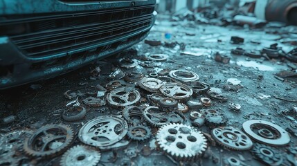 Vehicle hood leaning against a wall, surrounded by scattered gears and parts, an industrial setting filled with tools and machinery, evoking a sense of mechanical exploration and repair