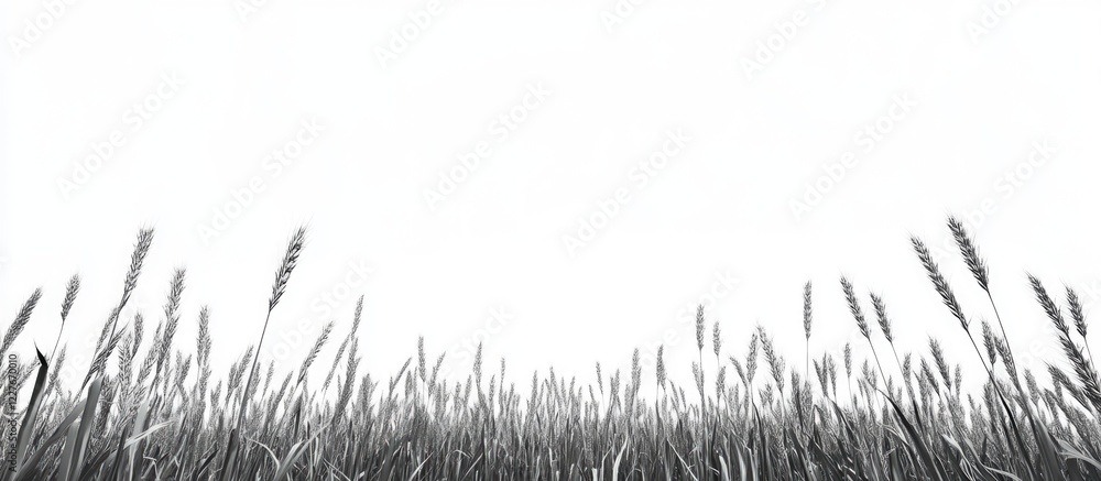 Poster monochrome grain field landscape with empty sky space for text and visual elements in black and whit