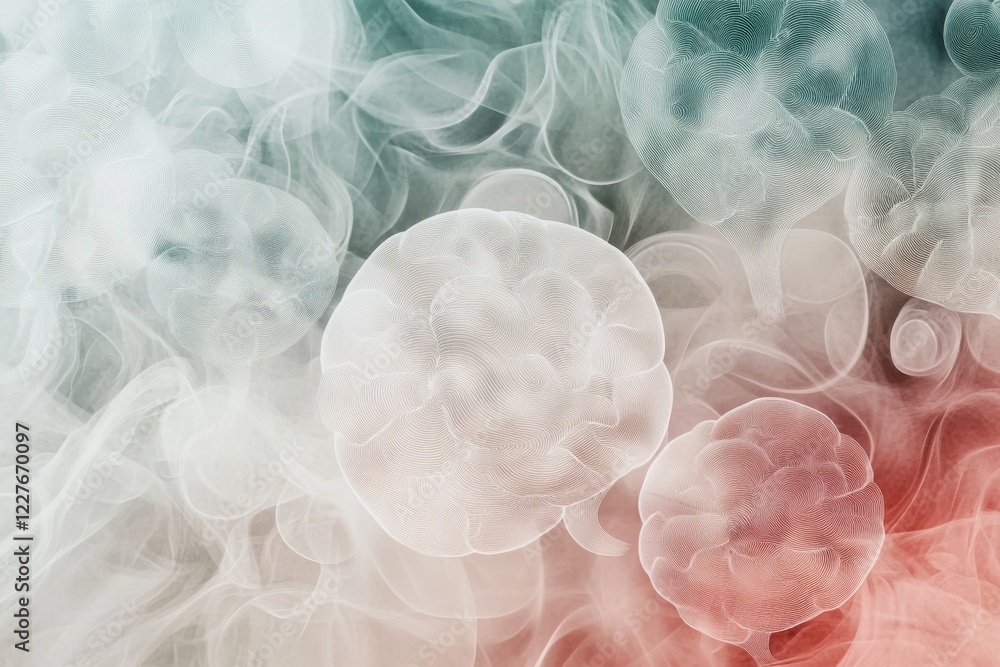 Poster abstract representation of bubbles and smoke blending together in a soft color palette