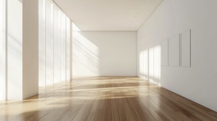 Obraz premium Spacious Minimalist Living Room Showcasing Natural Wood Flooring and Bright White Walls with Abundant Natural Light