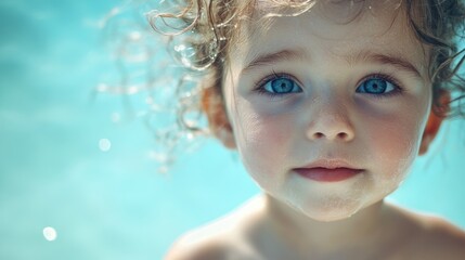 Child's joyful spirit shines through vibrant blue backdrop capturing summer innocence and emotions with ample copy space for personalization