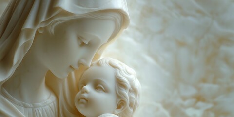 Virgin Mary holding baby Jesus in a marble sculpture.
