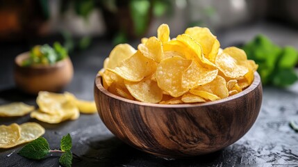 Rustic Wooden Bowl Filled with Natural Organic Potato Chips on Dark Table Surrounded by Fresh Herbs and Greenery