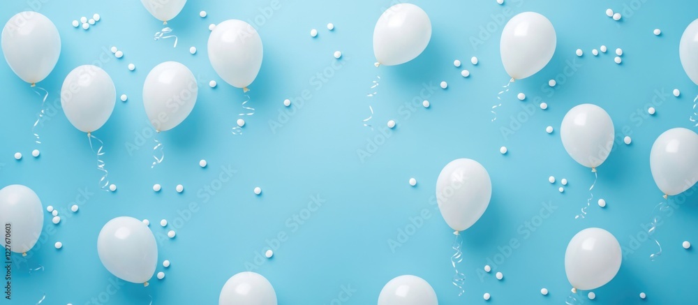 Poster white balloons on light blue background with decorative elements and space for custom text in a fest