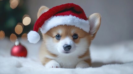 Miniature Corgi in a festive Christmas hat resting on soft fabric with holiday decorations in the background.