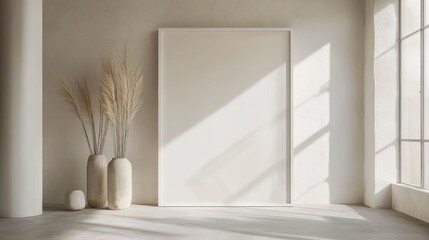 Minimalist Nordic interior showcasing an empty white frame and tall decorative vases illuminated by natural light in a serene setting