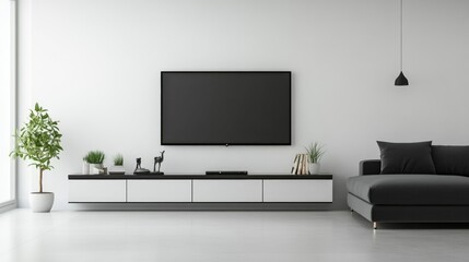 Fototapeta premium Modern minimalist living room featuring charcoal sofa sleek TV cabinet and bright white walls for a contemporary aesthetic