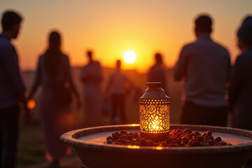 Ramadan glowing lantern on table with dates, surrounded by people at sunset, evokes warmth