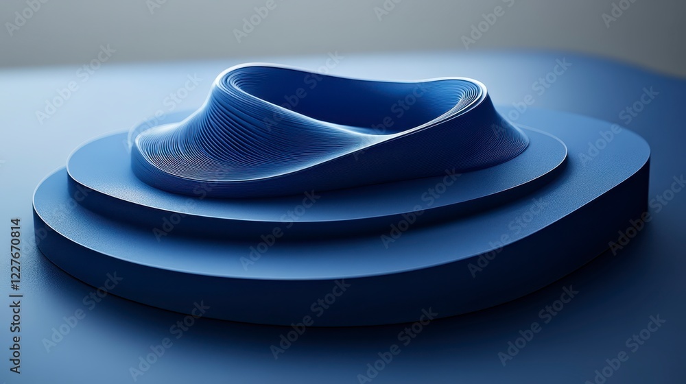 Aufkleber abstract 3d rendering of a swirling, textured blue form on layered platforms. soft lighting highligh