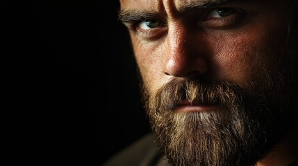 Obraz premium Intense portrait of man with brown beard and mustache gazing fiercely at camera against dark background conveying strength and personality