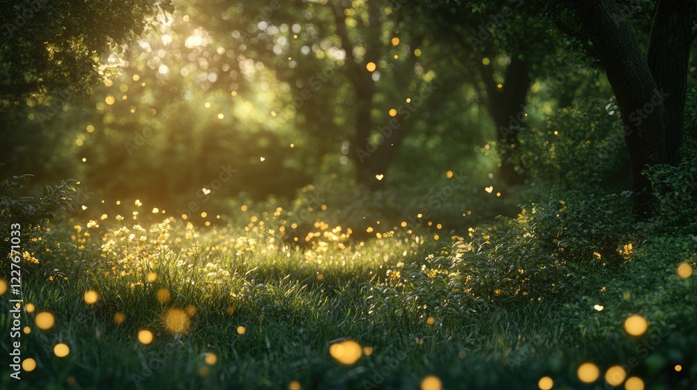 Poster serene spring forest with sunlight and floating particles creating a natural atmosphere