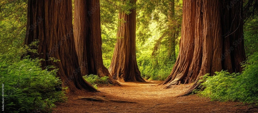 Poster ancient forest scene featuring towering knobby tree trunks lush green foliage and soft sunlight crea