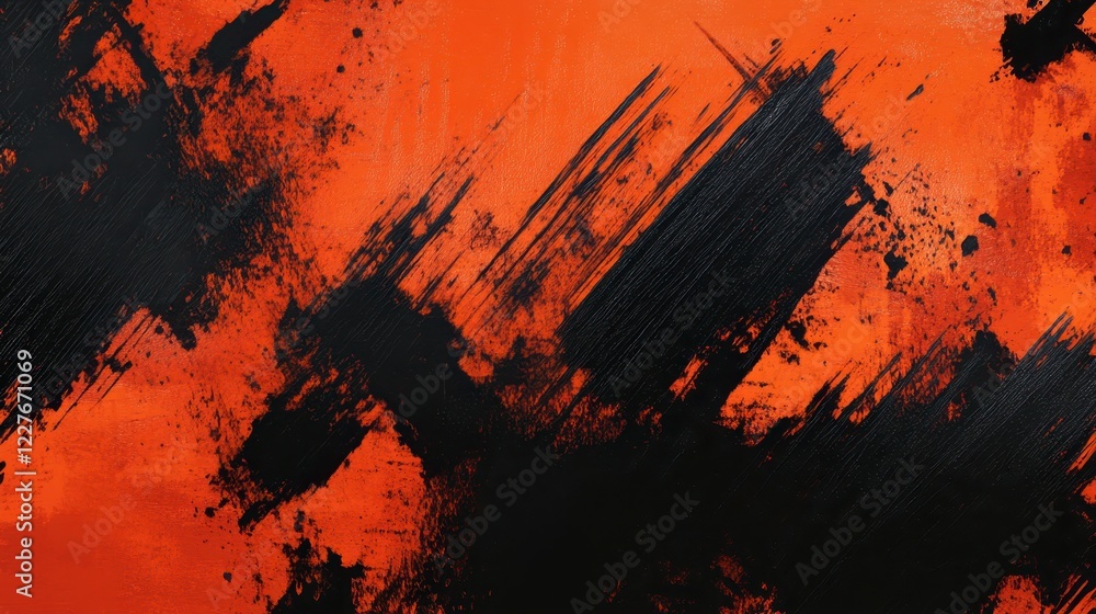 Poster abstract art featuring dynamic black and burnt orange brushstrokes. the texture is highly visible, w