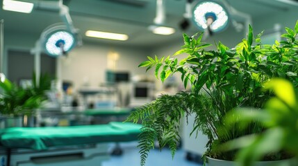 Hospital operating room with greenery focused on patient recovery showcasing nature therapy elements and a tranquil healing environment