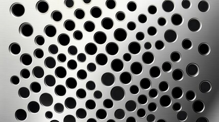 Abstract background with varying sized black circles on a brushed silver metal texture. The pattern is dense in the center and gradually disperses