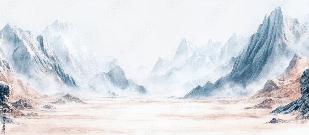 Poster serene mountain landscape with soft hues and ample blank space for text and design elements
