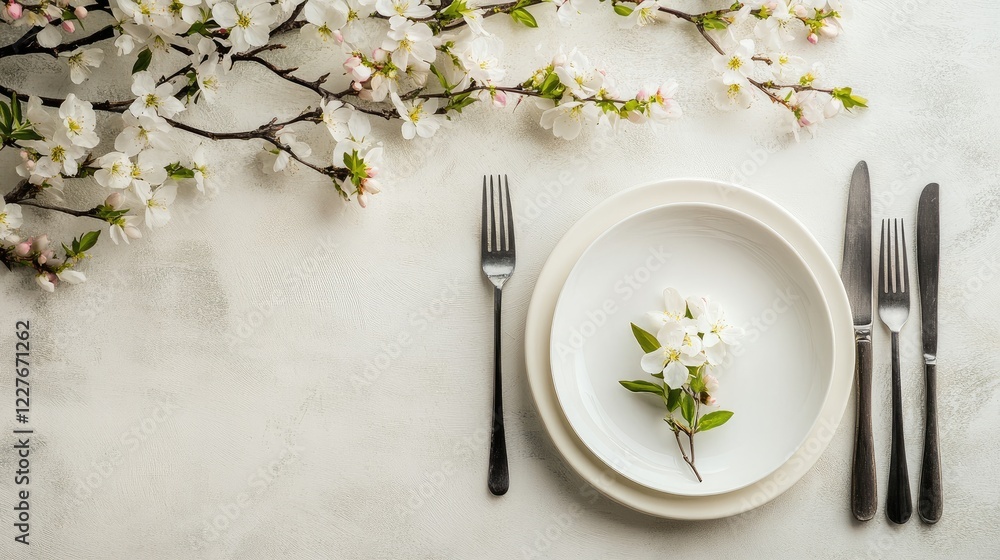Poster elegant minimalist spring table setting featuring delicate flowering branches and stylish dishware i