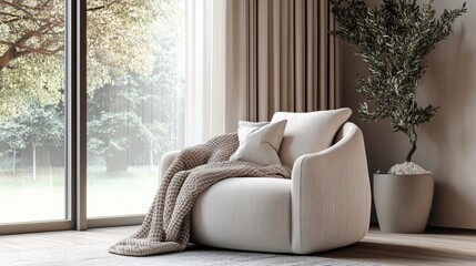 Fototapeta premium Cozy Minimalist Lounge Chair with Throw Blanket and Potted Plant by Large Window in Bright Room Setting